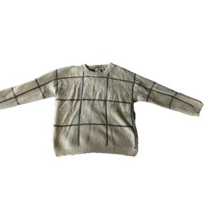 CYRUS NYC Womens M Grid Check Fuzzy Knit Sweater Long Sleeve Crew Neck Beige